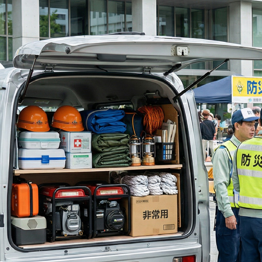 防災備蓄を積み込んだ車両の荷室